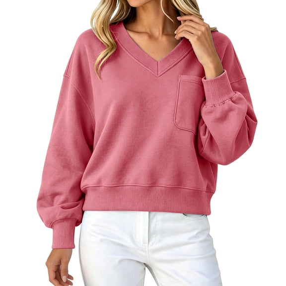 cocolona V Neck Sweatshirts for Women Casual Long Sleeve Solid Color Cropped Pullover Tops