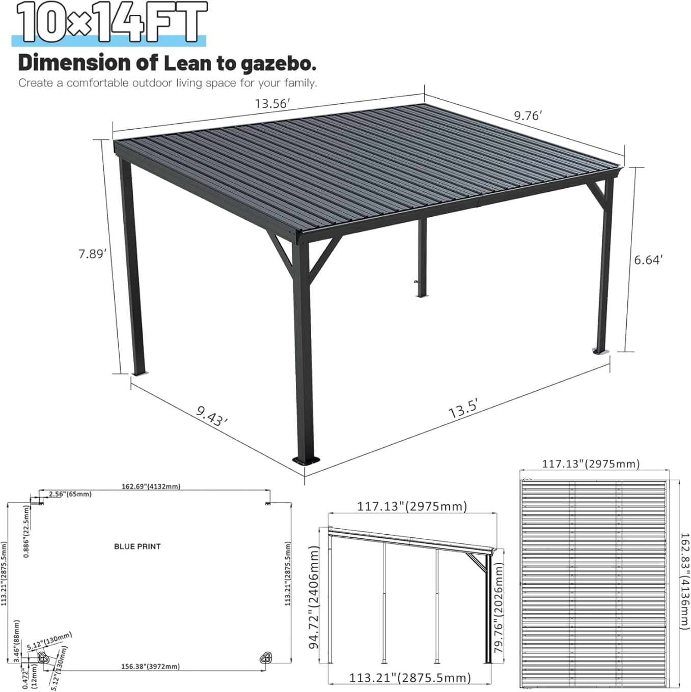 10x14FT Lean to Gazebo, Wall Mounted Gazebos Pergola with Drainage System, Upgraded Heavy Duty Awnings with Sloping Roof, Hardtop Patio Shelter for Deck, Porch, Backyard, Gray