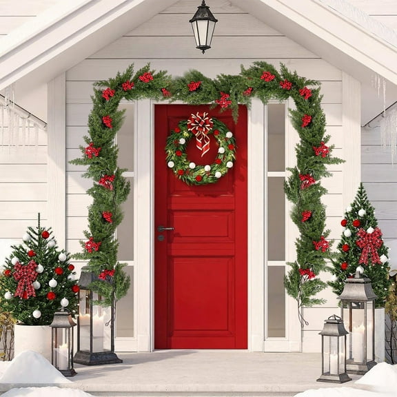 6FT Christmas Pine Cedar Garland with Red Berries, Soft Christmas Pine Garland Lush Winter Greenery for Christmas Decorations, Indoor Outdoor Red Berry Garland