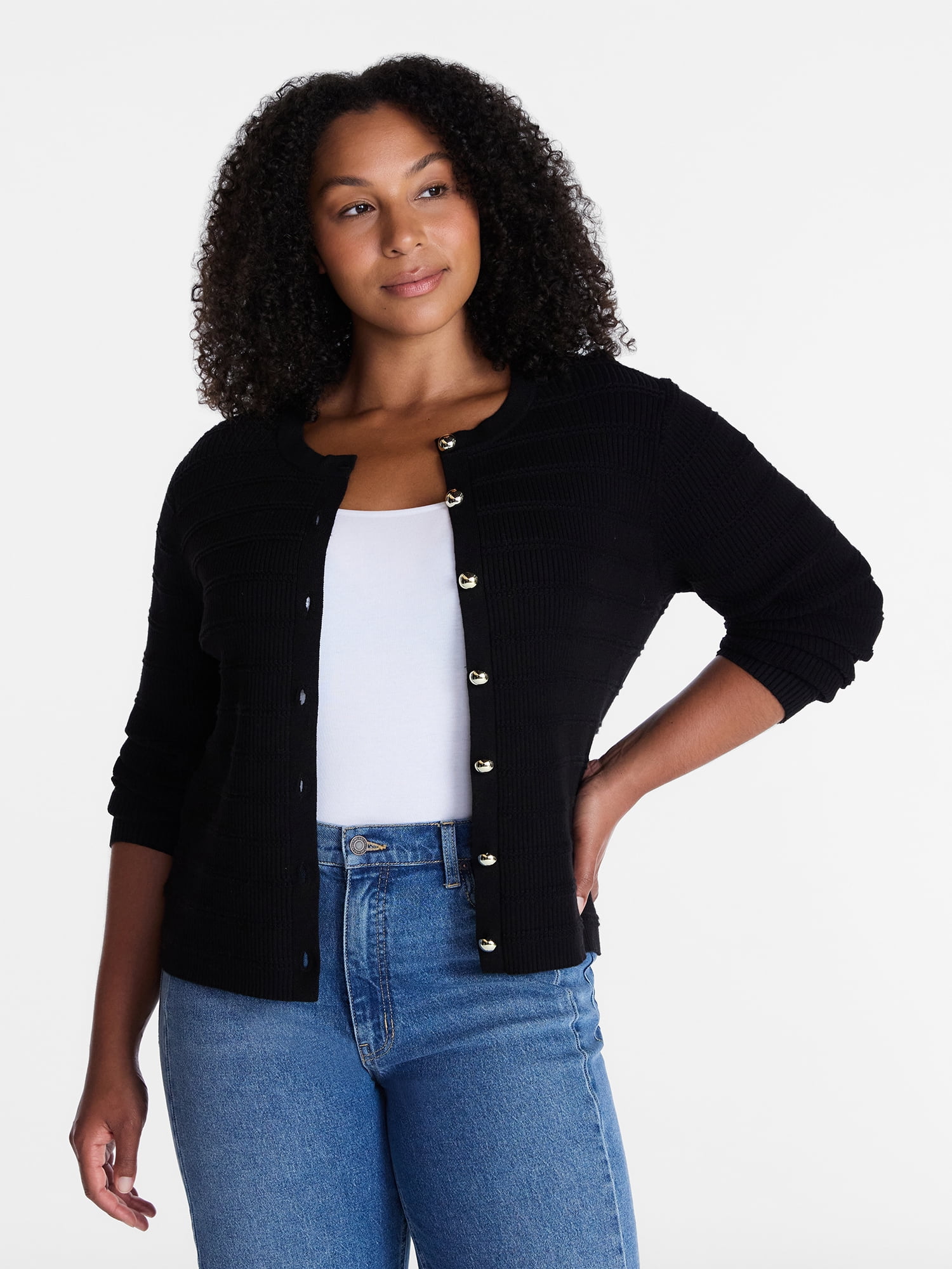 Time and Tru Women's Puckered Stitch Cardigan Sweater, Lightweight, Sizes XS-XXXL