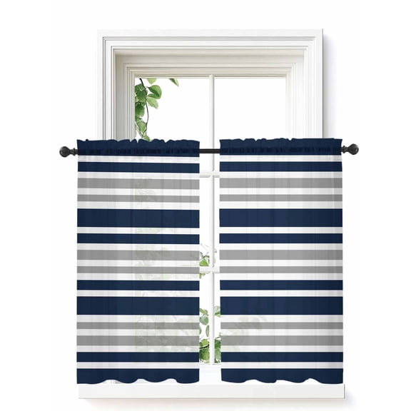 Dark Blue Gray Tier Curtains 45 Inch Length,Sheer Curtains for Bedroom Living Room Window Horizontal Stripe Minimalist Geometric Voile Drapes Kitchen Curtains Small Half Window 27.5"x45" 2 Panels