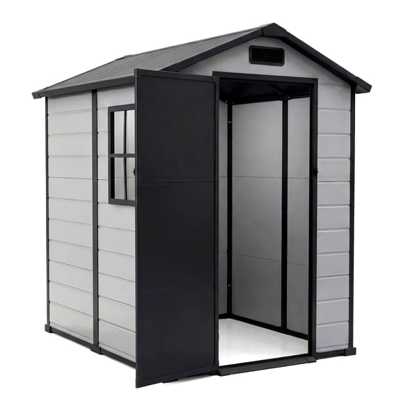 Garderth Plastic Outdoor Storage Shed With Floor & Window,4x6FT Resin Shed,Outdoor Garden Shed,Waterproof Tool Shed With Lockable Door & 2 Vents & Sloped Roof For Patio,Lawn Mower,Bike & Tool