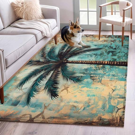 Boho Beach Tree Area Rug 3x5 Washable Rug Non Slip Coastal Vintage Summer Tropical Plant Large Area Rug Indoor Floor Carpet for Entryway Bedroom Kitchen Living Room Home Office Dining Room Nursery