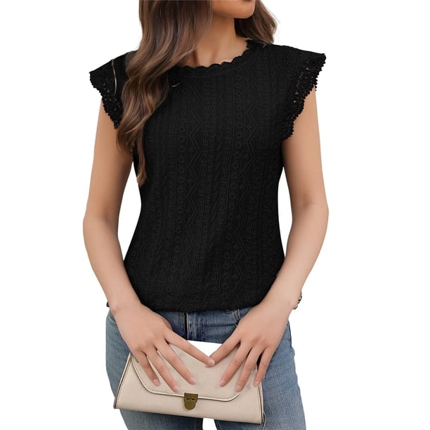 Blusa de Encaje con Escote Alto para Mujer, Talla XL, Color Negro