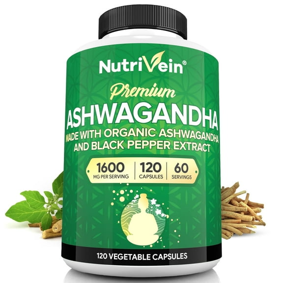 Nutrivein Organic Ashwagandha Capsules - 1600 Mg, Vegan - 120 Count