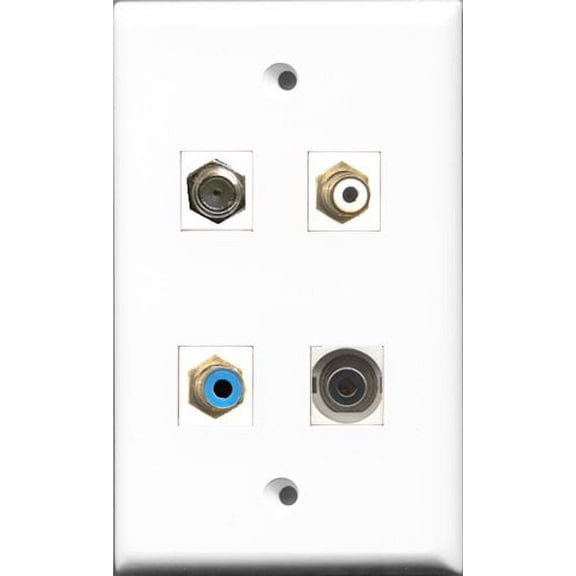 RiteAV 1 Port RCA White and 1 Port RCA Blue and 1 Port Coax Cable TV- F-Type and 1 Port 3.5mm Wall Plate