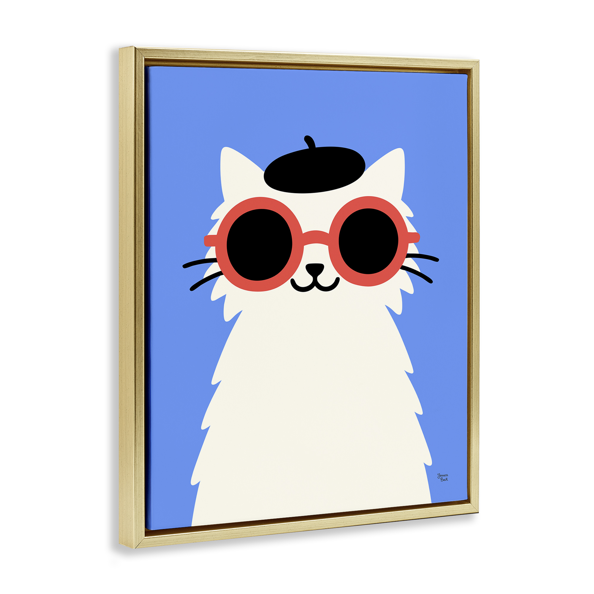 Stylish French Cat Gold Framed Floater Canvas Wall Art, design by Jessica Beck