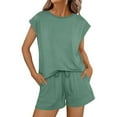 thumbnail image 2 of CheerKidz Crewneck Casual Outfits for Women's Solid Color Summer Round Neck Short Sleeve Tops Elastic Waist Drawstring Shorts Two-piece Set with Pockets(Green,S), 2 of 8