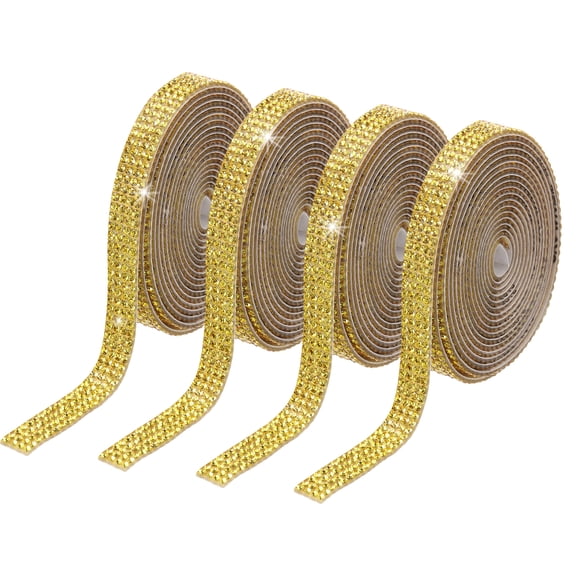 Uxcell 4Roll Rhinestone Ribbon, 0.35"Self Adhesive Crystal Rhinestone Strips, 1yard Resin Bling Diamond Sticker for DIY Crafts Phone Decorations, Golden