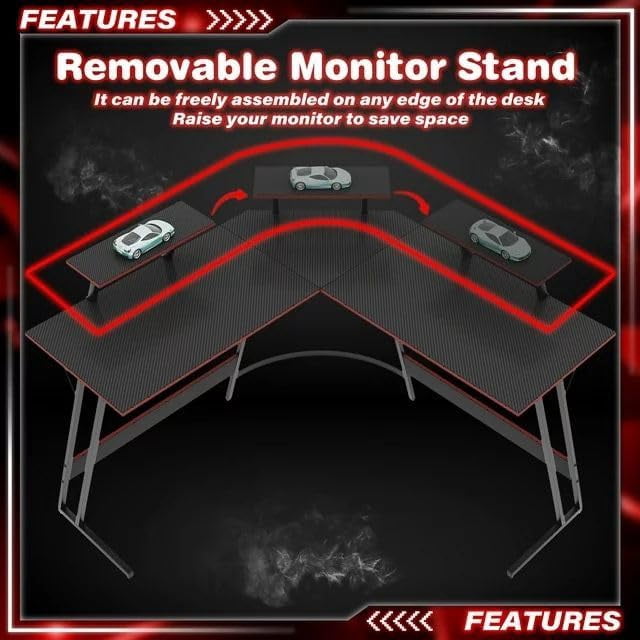 Shahoo L Shaped Gaming Desk, 47 Inch Computer Corner Table with Large Monitor Stand & Carbon Fiber Surface for Home Office Study Writing Workstation, 47 in, Black