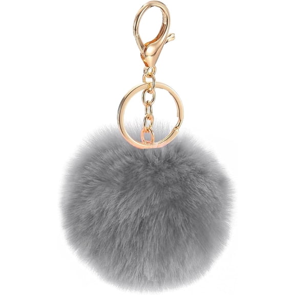 Pom Pom Keychain, Faux Rabbit Fur Puff Ball Pom Pom Bag Charms Pompoms Key Chain for Women Purse Gray