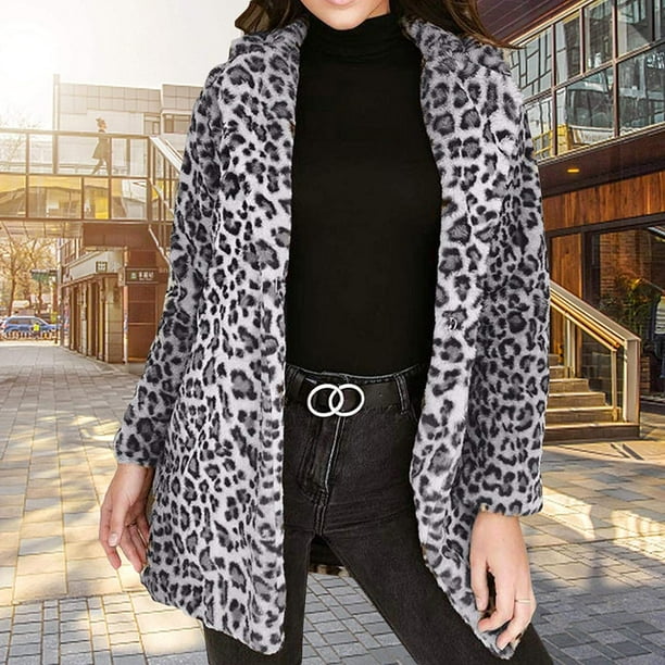 KCSD Women Leopard Print Jacket Warm Long Sleeve Parka Lapel