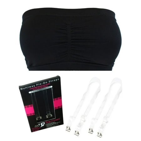 Strapless Padded Bandeau Bra Tube Top - Black, with Clear Pin Straps by Strap N' Guard®
