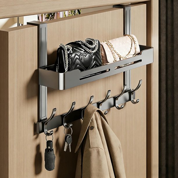 Perchero para Puerta, Gancho para Ropa con 6 Ganchos y Cestas de Acero, Resistente y Duradero, para Bolsas, Abrigo, Paraguas, Sombrero, Baño, Dormitorio, Cocina