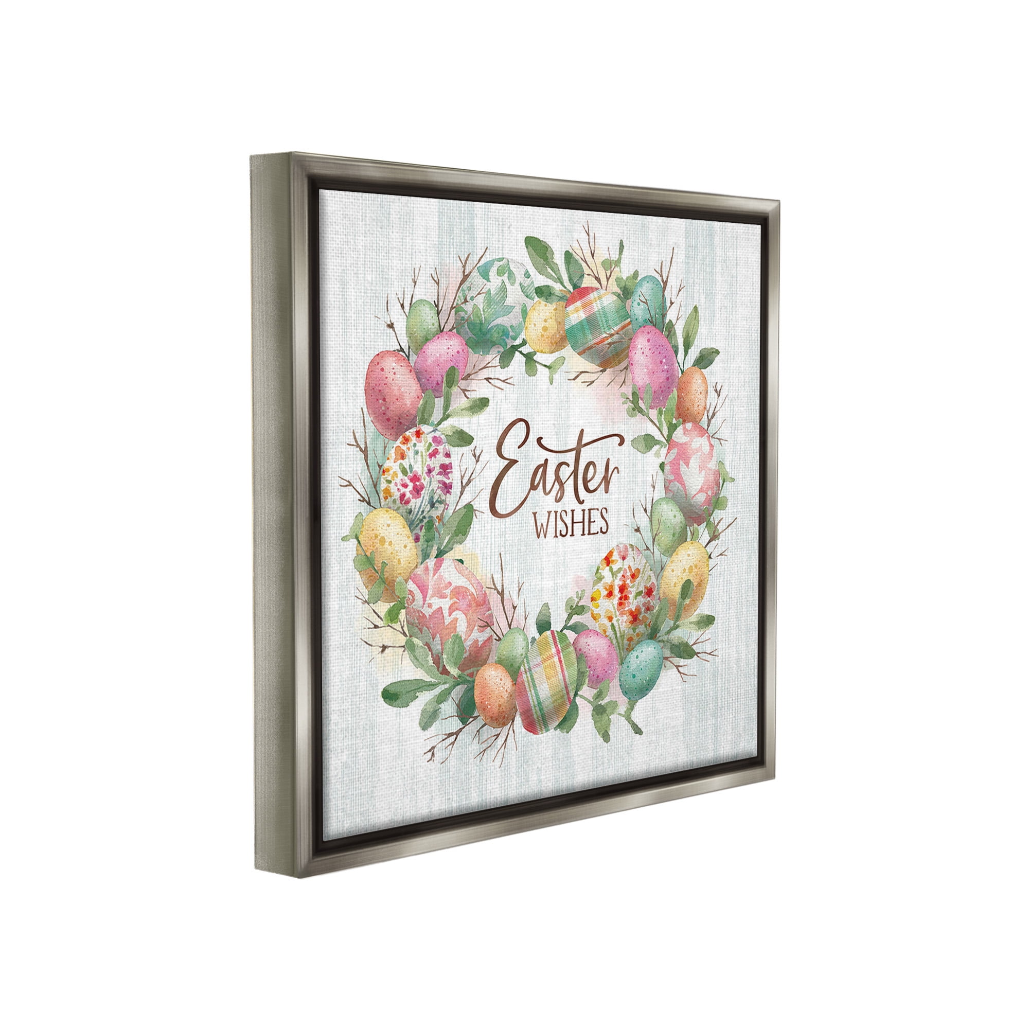 Stupell Industries Easter Wishes Wreath Holiday Painting Gray Floater Framed Canvas Art Print Wall Art, 18 x 18