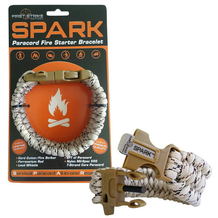 Spark (TM) Fire Starter Outdoor Survival Paracord Bracelet Tan Camo with Khaki Whistle Side Release Buckle Kit with Scraper - Best FIRE Starter (Khaki)