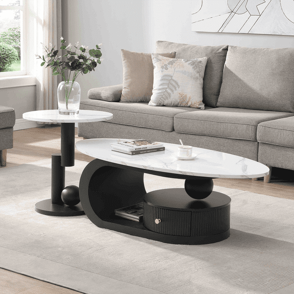 Lovableguy Faux Marble Oval Coffee Table Set of 2 with Storage,Nesting Living Room Table Set with Black Base,Drawer and End Table for Office
