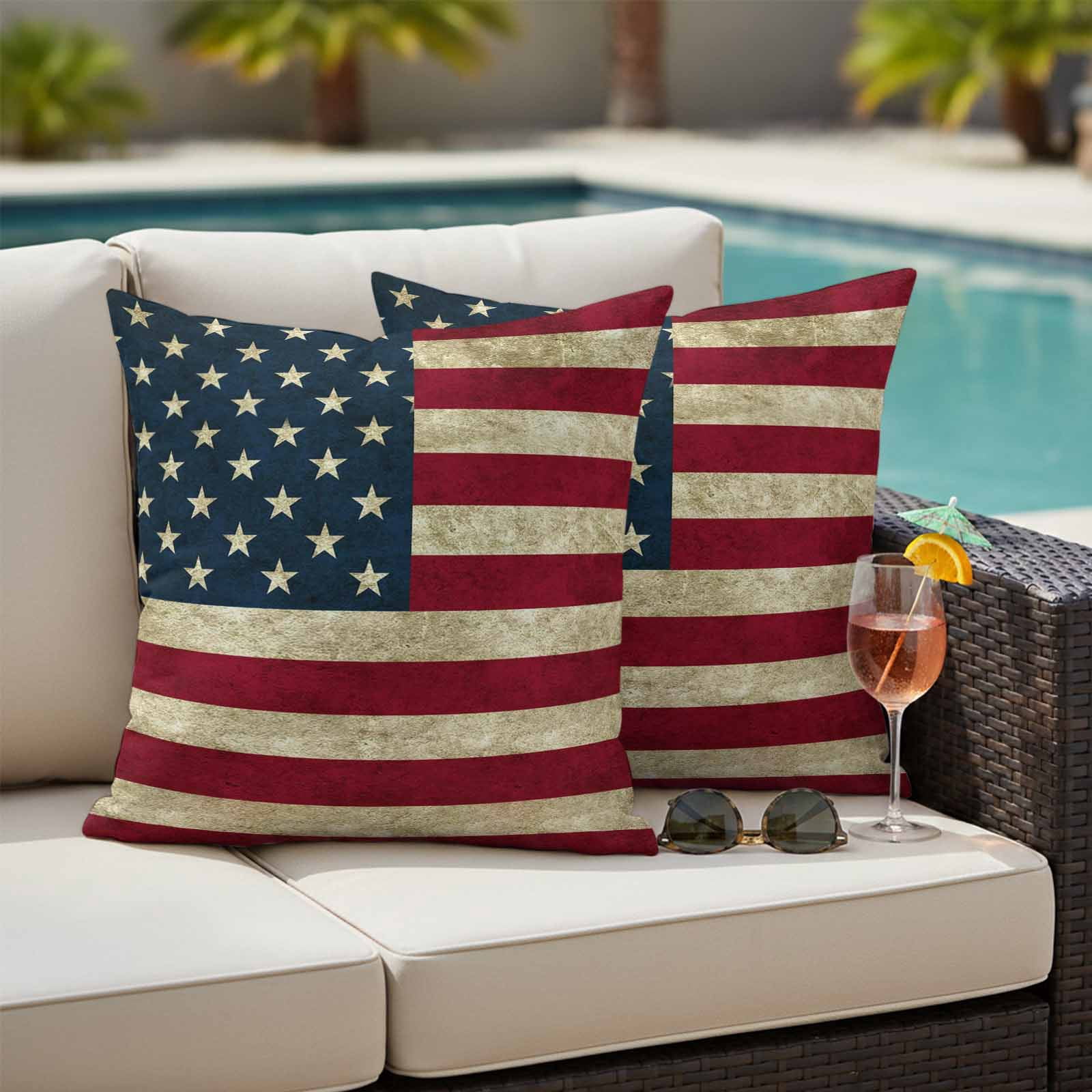 Vintage American Flag Outdoor Waterproof Pillow Covers, Shabby US Star Strips Flag Decorative Square Throw Pillowcase Sofa Cushion Sham for Patio/Couch/Chair, 18"x18" 2 Pack