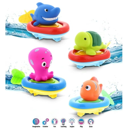 UPC: 0769498046210 | DolliBu Sea Life Boat Racers Bundle Set of 4 – 3-in-1 Bath Toy Pull & Go Floating Water & Floor Racing Finger Puppet for Pool Bathtub & Outdoor – Shark Octopus Sea Turtle Orange Reef Fish – 4 Pack