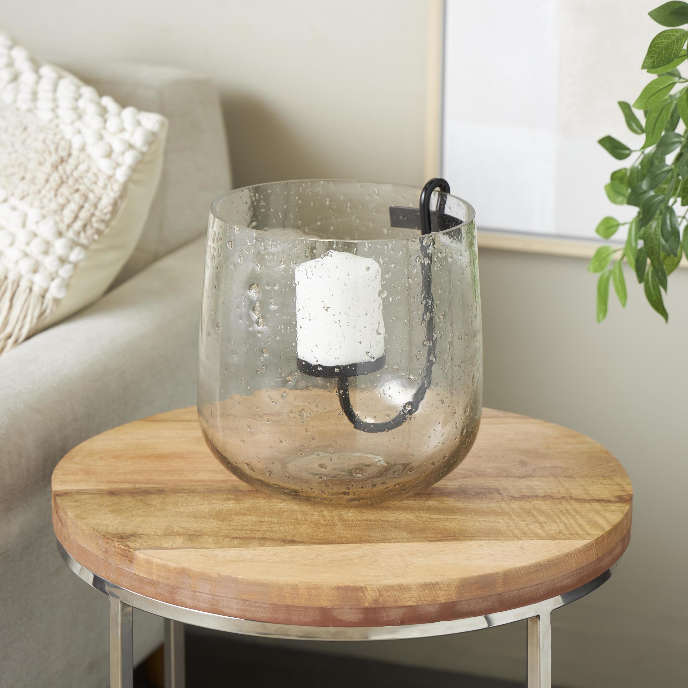 DecMode Glass Candle Holder with Black Metal Accents and Brown Speckles