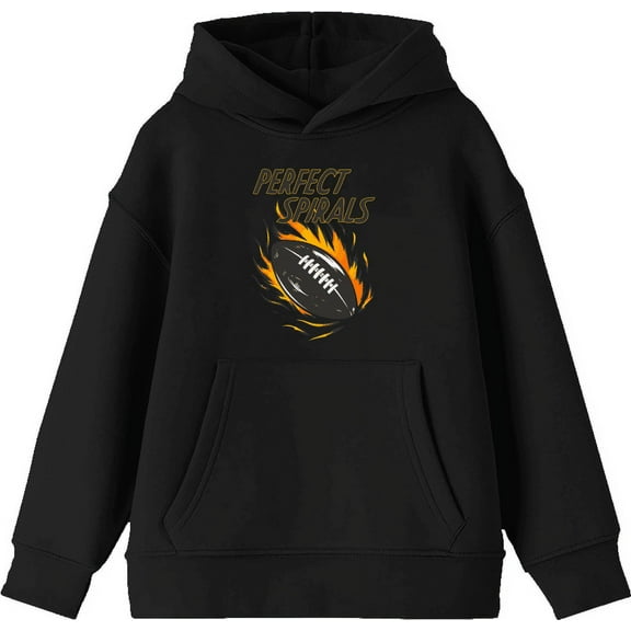 "Perfect Spirals" Flaming Football Youth Black Long Sleeve Hoodie-Medium