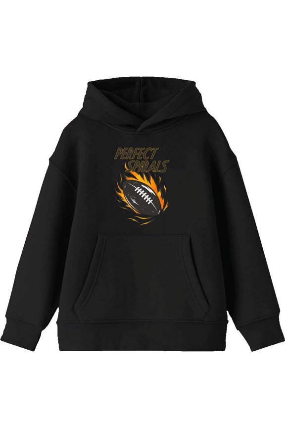 "Perfect Spirals" Flaming Football Youth Black Long Sleeve Hoodie-XL