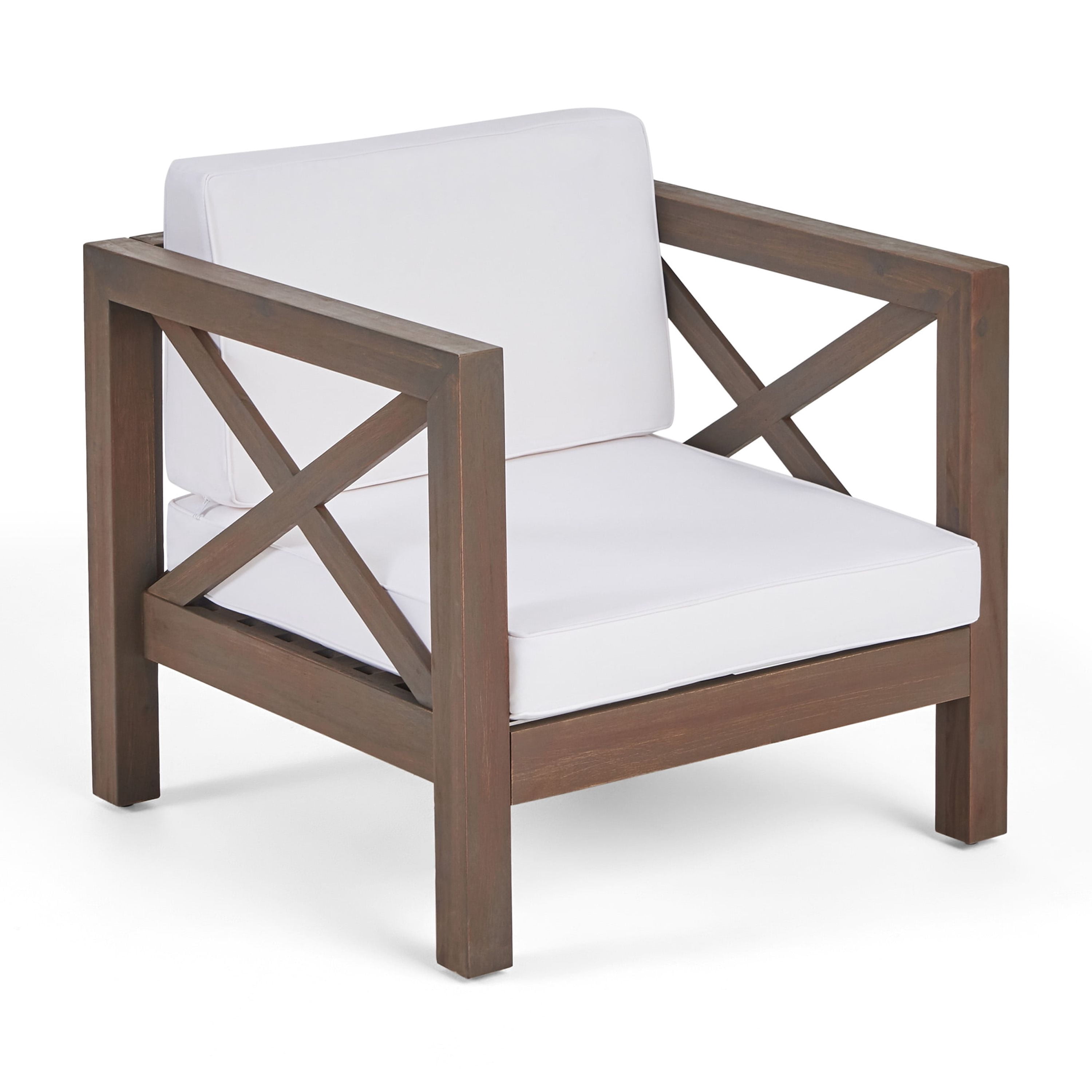Outdoor Single Leisure Seat Chair, Acacia Wood Frame Relaxing Seat for Patio Garden, White
