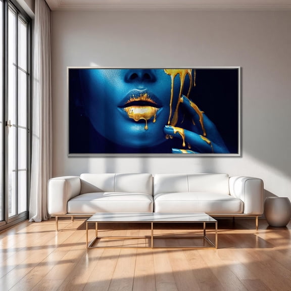 Blue and Gold Abstract Woman Face Print Wall Art Modern Print Gold Lips Wall Art Fashion wall art on Poster Decor, Size 8x12 UNFFRAMED F03.1.8l2848