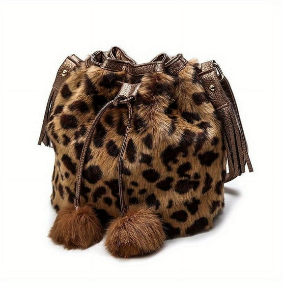 HMSHA Plush leopard pattern bucket bag, trendy drawstring crossbody bag, luxury shoulder purse for women