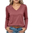 thumbnail image 3 of Sevevn Women Basic V Neck Long Sleeve Tee Solid Lightweight Curved Hem Relax Fit Daily Casual Shirts, 3 of 9