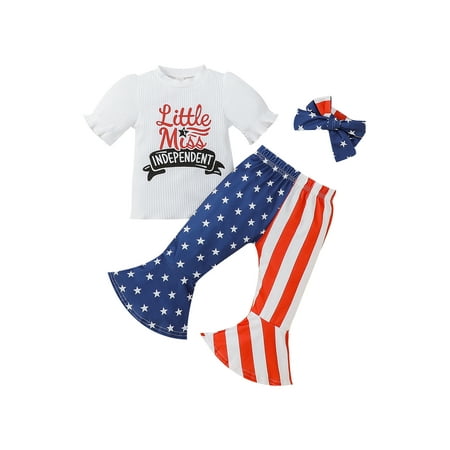 

aturustex 4th of July Toddler Baby Girls Clothes Outfit Short Sleeve Letter Printed T-Shirt + Flare Pants + Headband Set Independence Day (White 6 Months-4 years)