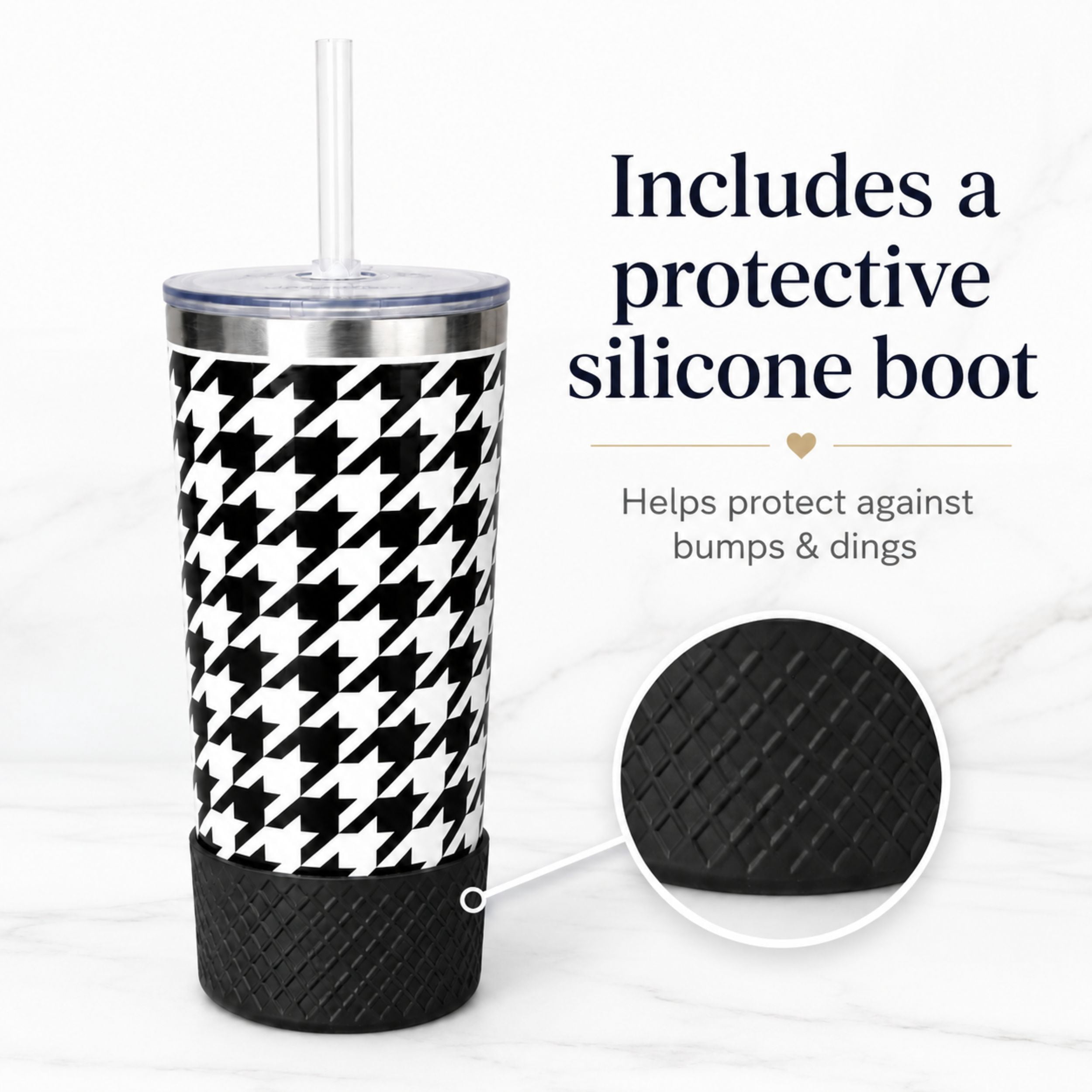 Biddlebee 20oz Insulated Stainless Steel Tumbler with Straw and Silicone Boot, Black & White Check
