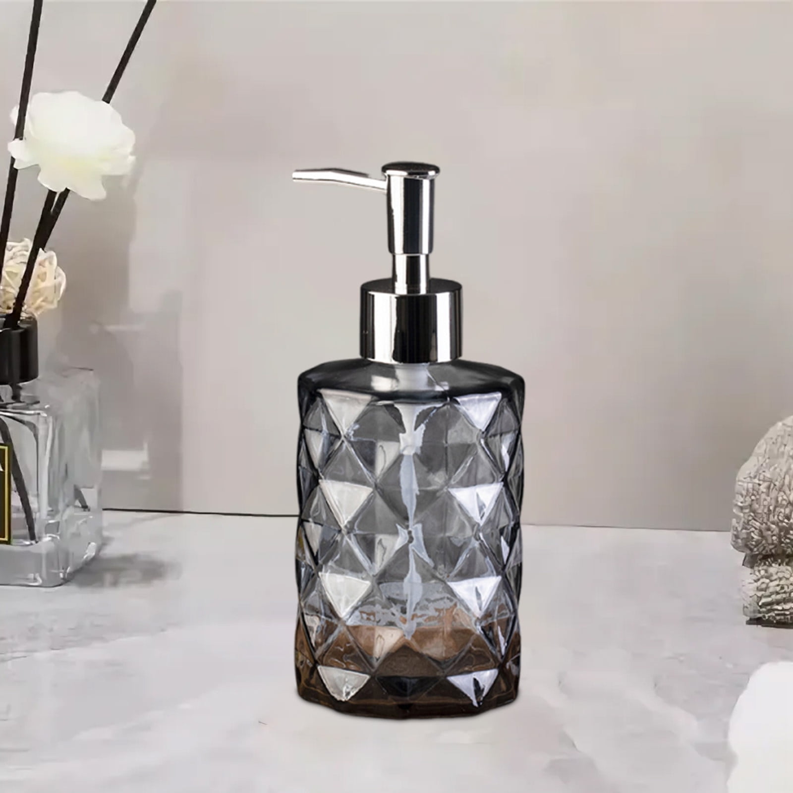 YiJuHui 2pcs Refillable Glass Soap Dispenser Pump Bottle with Diamond Pattern Design for Kitchen and Bathroom Decor