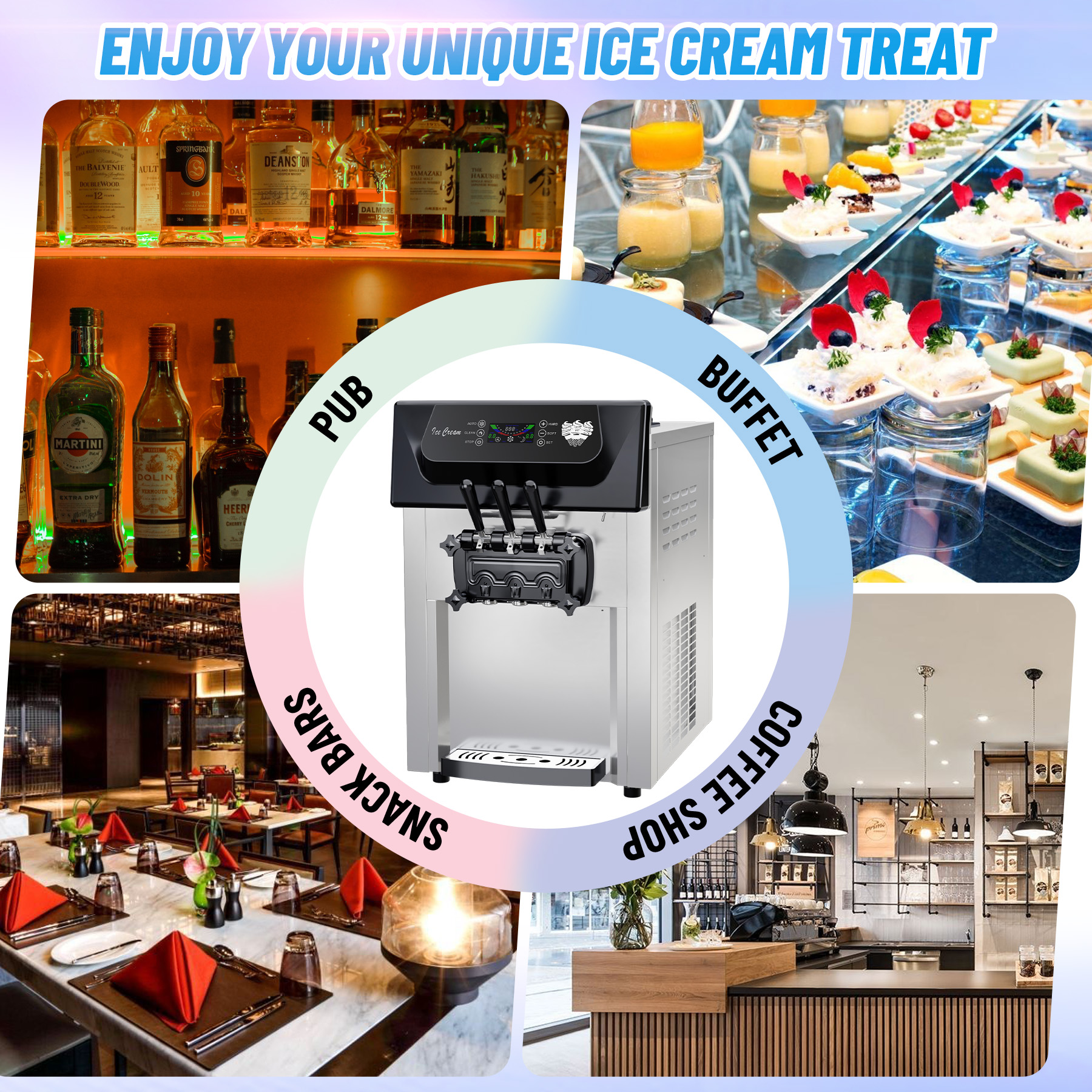 IdealHouse 2+1 Flavor Soft Serve Ice Cream Maker Machine Commercial, 5.3-7.4 Gal/Hr Countertop Soft Serve Machine with LCD Display, Auto Clean Pre-Cooling High Productivity, 2200W
