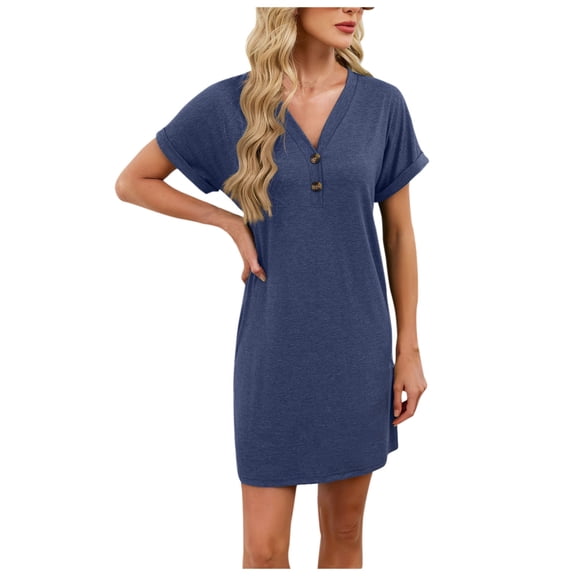 Bosfbaoi Nightgowns For Women Heathered Knit Henley Nightgown - Dolman Short Sleeve Side Slit Casual Sleep Dress