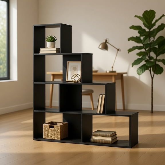 Resenkos 4-Tier Modern Stepped Bookshelf - 6 Storage Cubes, Perfect for Living Room, Black