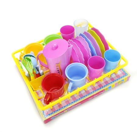 Pretend Play Dishes And Tea Playset  PS361 27 Piece Kids Serving Dishes, Washable Lightweight And Durable Plastic Material, Includes Most Commonly Used Kitchen Dishes, Great Teapot Gift For