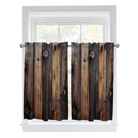 Kitchen Curtains 45 Inches length, Black Brown Board Window Treatment Curtain Drapes, Vintage Chic Shabby Wooden Grain Lightweight Window Panels for Living Room Bedroom, 52"x45", 2 Panels