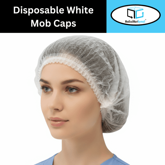 MMBM White Disposable Pleated Polypropylene Mob Caps 10GSM Bouffant Hair Cover, 21" - 1000 Pcs