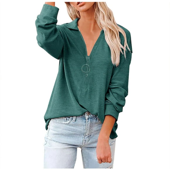 Yuyuzo Womens Pullover Sweatshirt 1/4 Zipper Lapel V Neck Long Sleeve Dailywear Fall Casual Tops Blosue