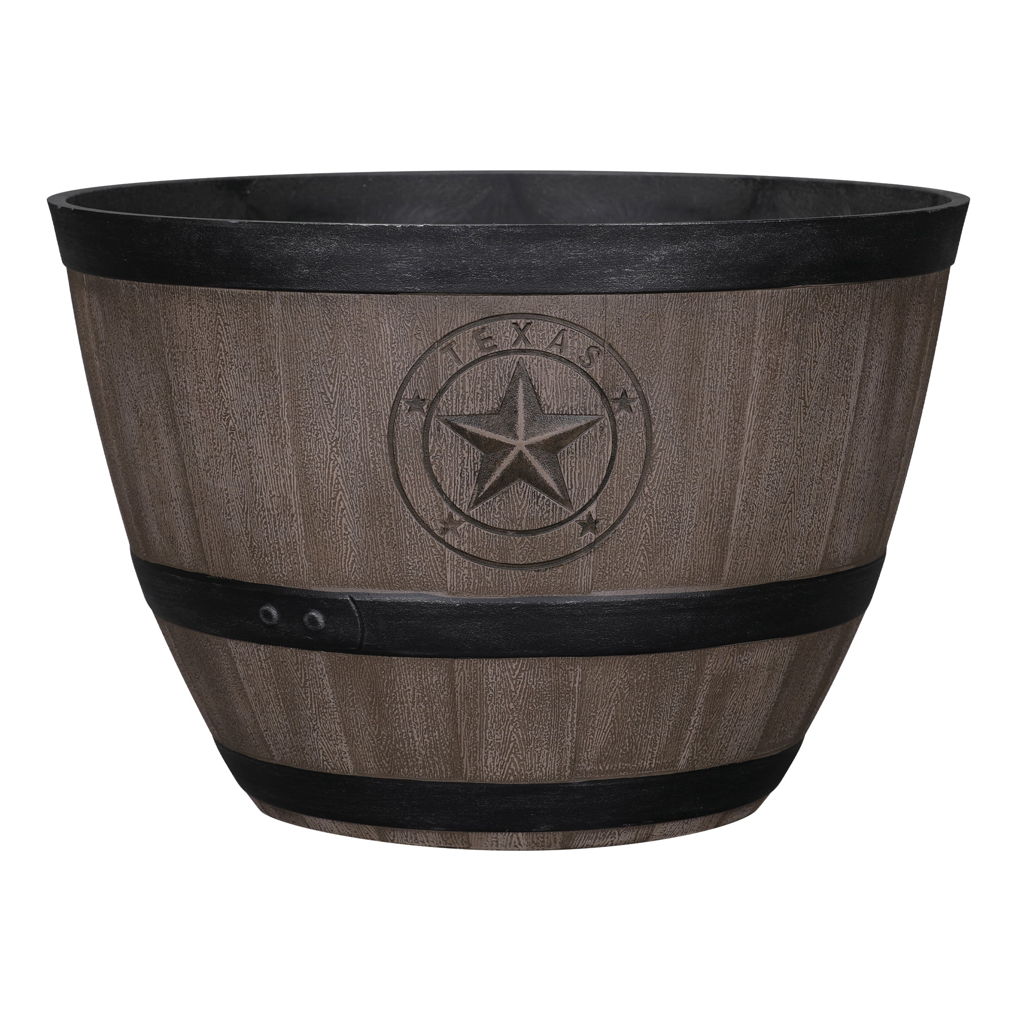 Expert Gardener Texas Whiskey Barrel Walnut Brown 100% Recycled Resin Hose Pot, 18 in x 18 in x 12 in, Removable Drainage Plug