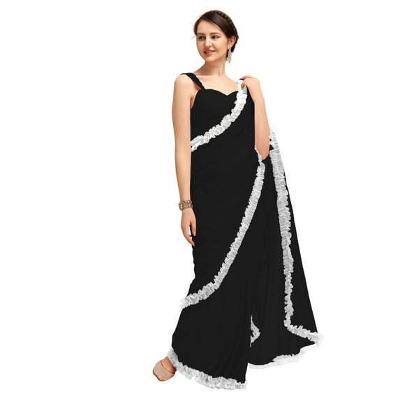 Women's Georgette Partywear Saree Ruffle Frill Sari with Readymade Blouse , Color: Black | Size: 46