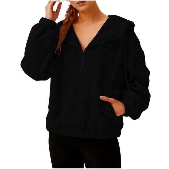 HongQid Womens Fleece Pullover Coats with Pockets Fall Ziper Jacket Oversize Trendy Hooded Sweatshirt for Winter