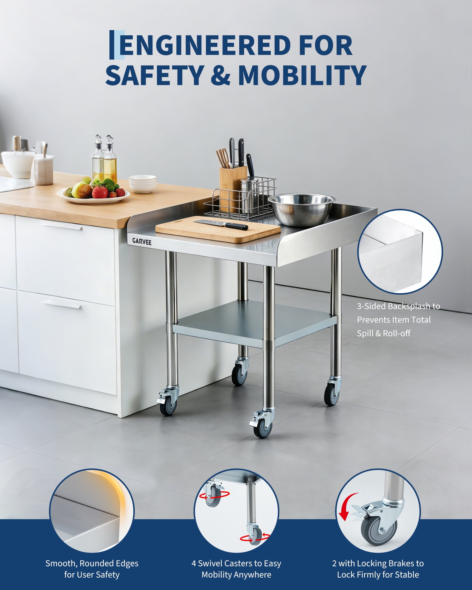 Stainless Steel Work Table, with 3-Sided Backsplash & Wheels, Height-Adjustable Undershelf,Prep Commercial Table for Restaurant, Hotel, Home and Warehouse, 24x36inch