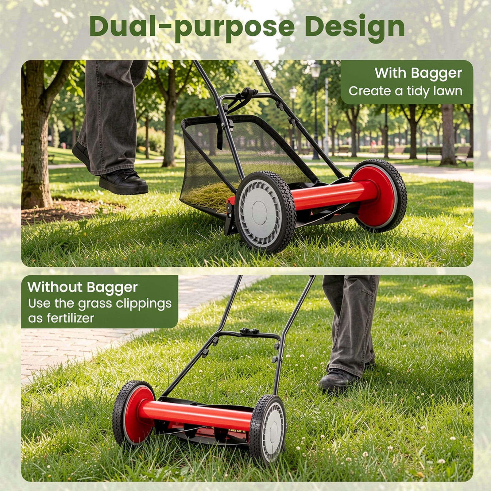 Biotree 16 Inch Push Lawn Mower with 5 Steel Blades and Grass Catcher Bag-Red Manual Reel Eco-Friendly