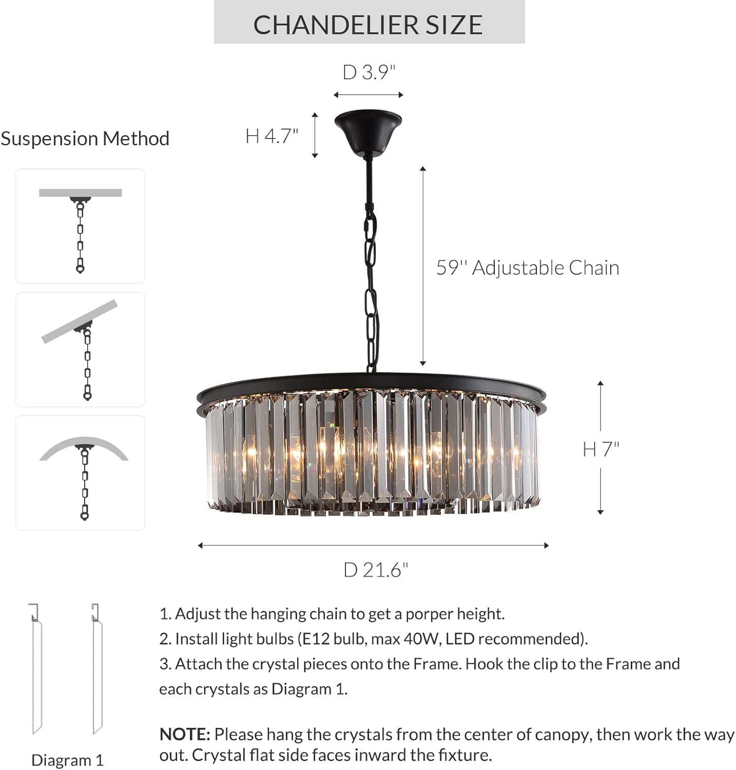 HOOMEDELIER 22" Modern Black Crystal Chandelier, Round 6-Light Pendant for Dining Room & Kitchen