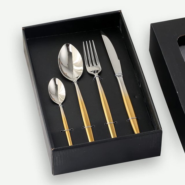 Buyer Star Flatware Set, 20-Piece Stainless Steel Silverware Cutlery Set Service for 5, Gradual Change Gold Dishes Dinnerware Set with Gift Box, Mirror Finish