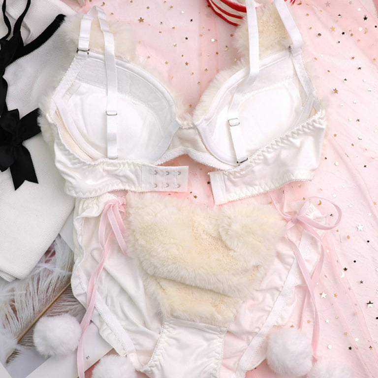 GENEMA Womens Lolita Kawaii 2pcs Bra Panty Set Cute Bear Fluffy Faux Fur  Underwire Underwear Plush Ball Bow Anime Lingerie
