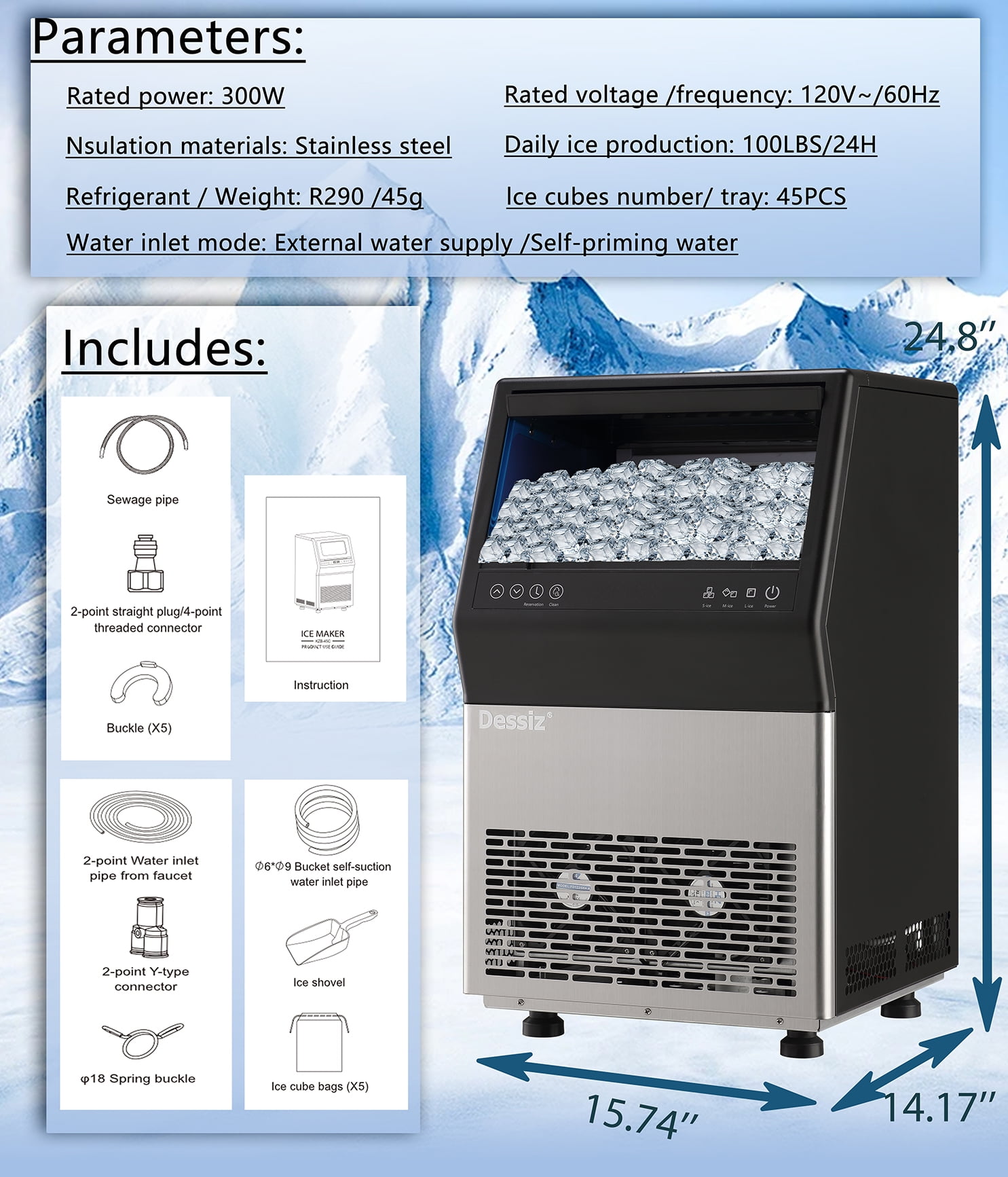 Dessiz Commercial Ice Maker Machine, 100lbs/24H and 45pcs Stainless Steel Freestanding Ice Machine, Tap Water & Top Loading Under Counter ice Maker,Self-Cleaning for Bar Office Restaurant