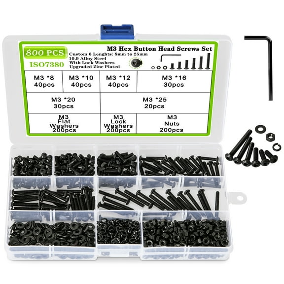 800Pcs M3 Hex Button Head Cap Screw Bolts and Nuts Kit, Metric Machine Screws Nuts and Bolts Assortment Kit 8mm to 25mm